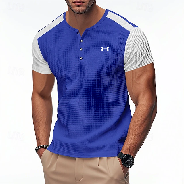 Men's Cotton Waffle Contrast Color Henley Sports Casual T-Shirt