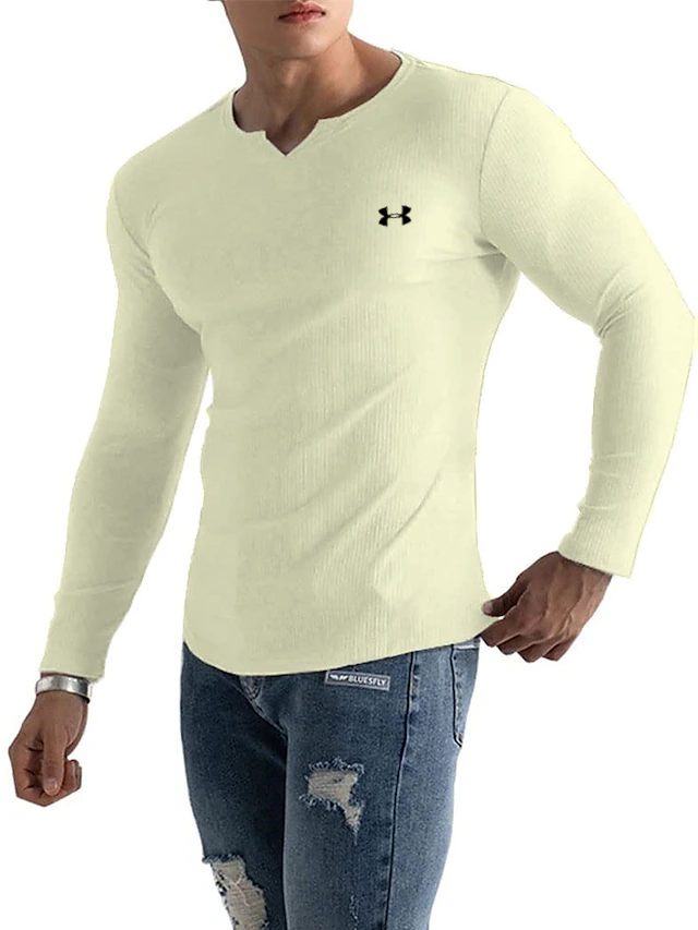 Men's Cotton Knitted Fine-Grain Elastic Casual Bottoming Sports Series Long-Sleeved T-Shirt
