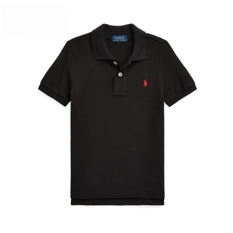 Polo shirt solid color summer pony black red label two button short sleeve