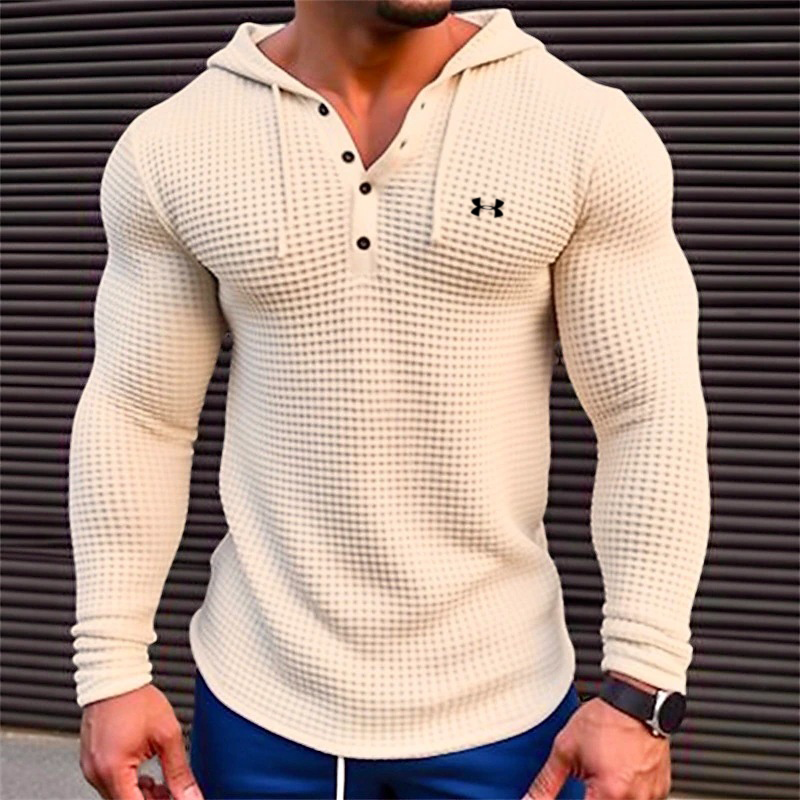 Men's Cotton Waffle Hooded Button Up Training Casual Long Sleeve Top Shirts
