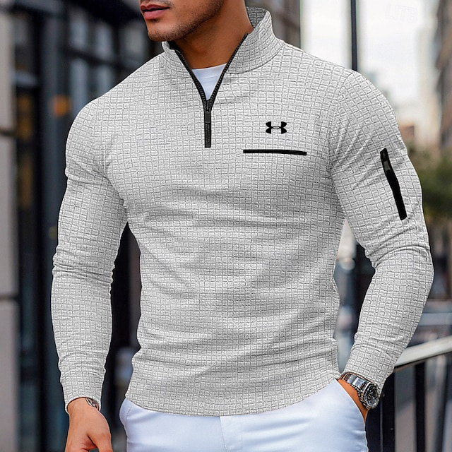 Men's Cotton Waffle Quarter-Zip Long Sleeve Fashion Sports Polo Shirt