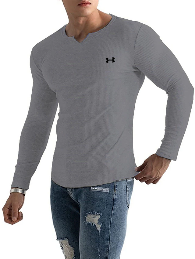 Men's Cotton Knitted Fine-Grain Elastic Casual Bottoming Sports Series Long-Sleeved T-Shirt