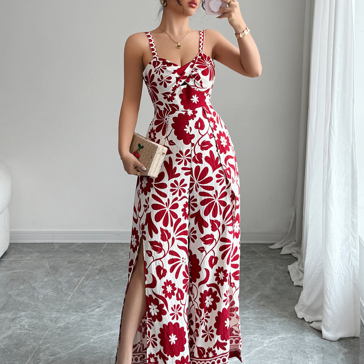 2025 Elegant Knot Patterned Short-Sleeved Wide Leg One-Piece Pants