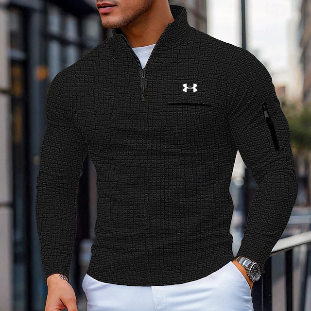 Men's Cotton Waffle Quarter-Zip Long Sleeve Fashion Sports Polo Shirt