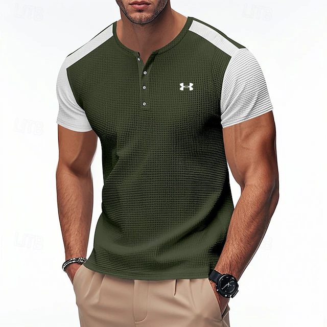 Men's Cotton Waffle Contrast Color Henley Sports Casual T-Shirt