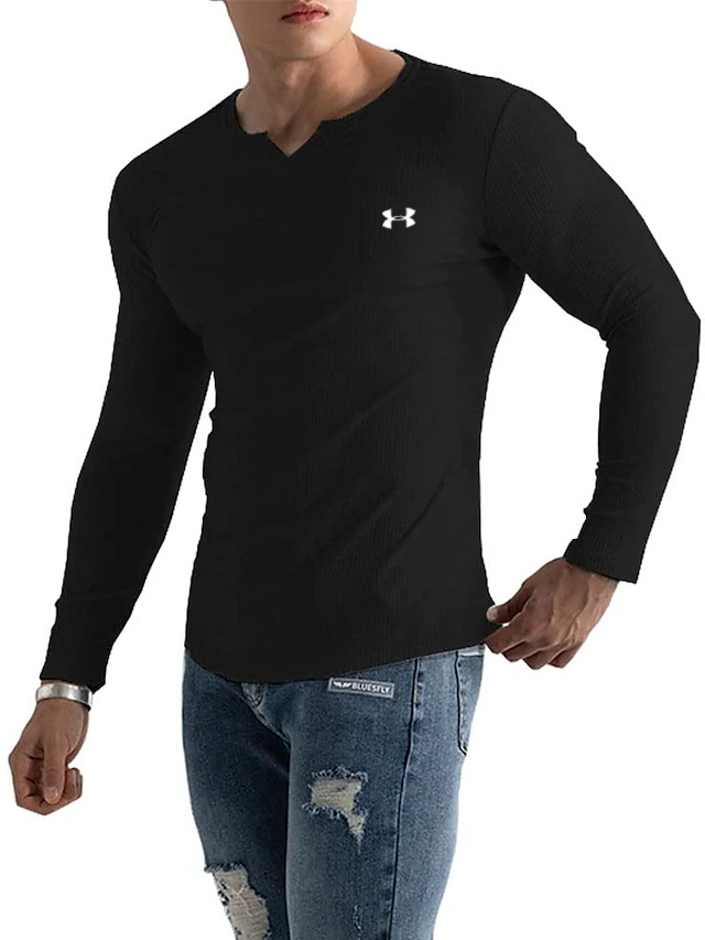 Men's Cotton Knitted Fine-Grain Elastic Casual Bottoming Sports Series Long-Sleeved T-Shirt