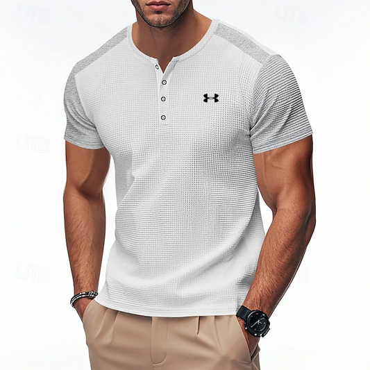 Men's Cotton Waffle Contrast Color Henley Sports Casual T-Shirt