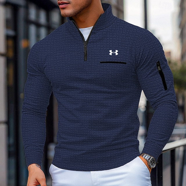 Men's Cotton Waffle Quarter-Zip Long Sleeve Fashion Sports Polo Shirt