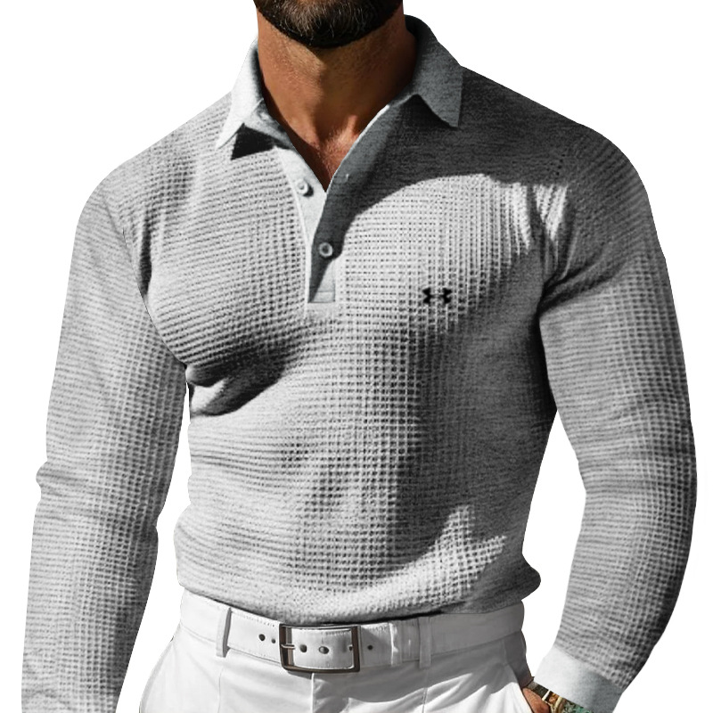 Men's Cotton Leisure Waffle Regular Fit Lapel Gentleman's Casual Long Sleeve Polo Shirt