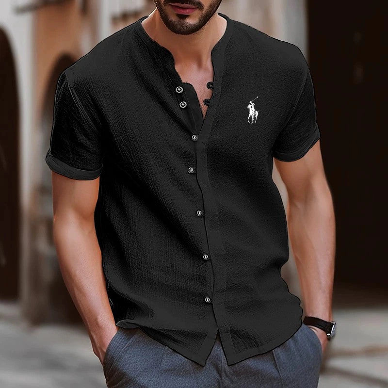 Fashion men's button-down pure cotton casual loose short-sleeved