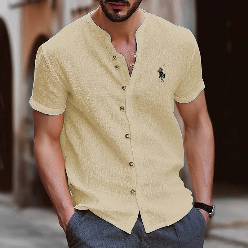 Fashion men's button-down pure cotton casual loose short-sleeved