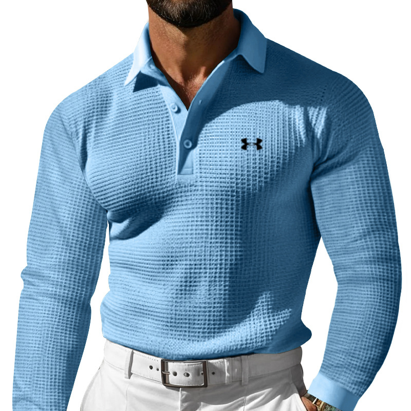 Men's Cotton Leisure Waffle Regular Fit Lapel Gentleman's Casual Long Sleeve Polo Shirt