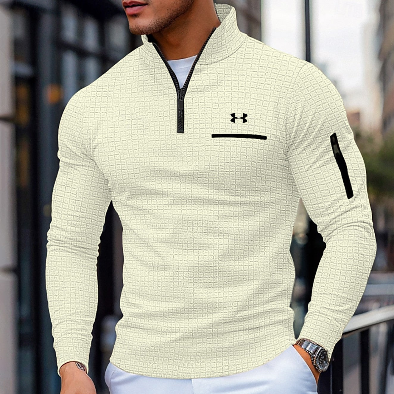 Men's Cotton Waffle Quarter-Zip Long Sleeve Fashion Sports Polo Shirt