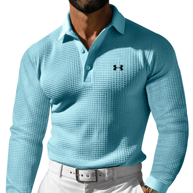 Men's Cotton Leisure Waffle Regular Fit Lapel Gentleman's Casual Long Sleeve Polo Shirt