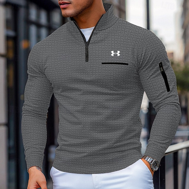 Men's Cotton Waffle Quarter-Zip Long Sleeve Fashion Sports Polo Shirt