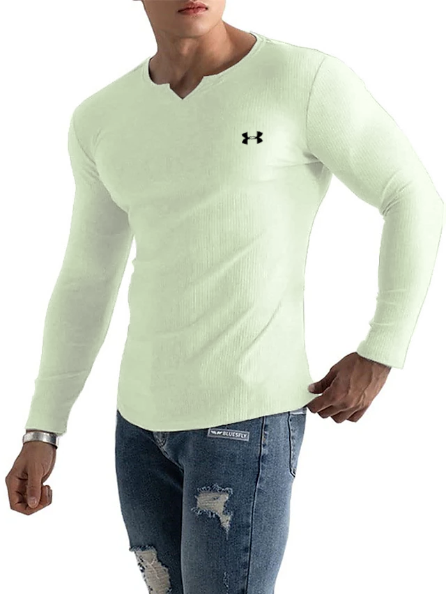 Men's Cotton Knitted Fine-Grain Elastic Casual Bottoming Sports Series Long-Sleeved T-Shirt