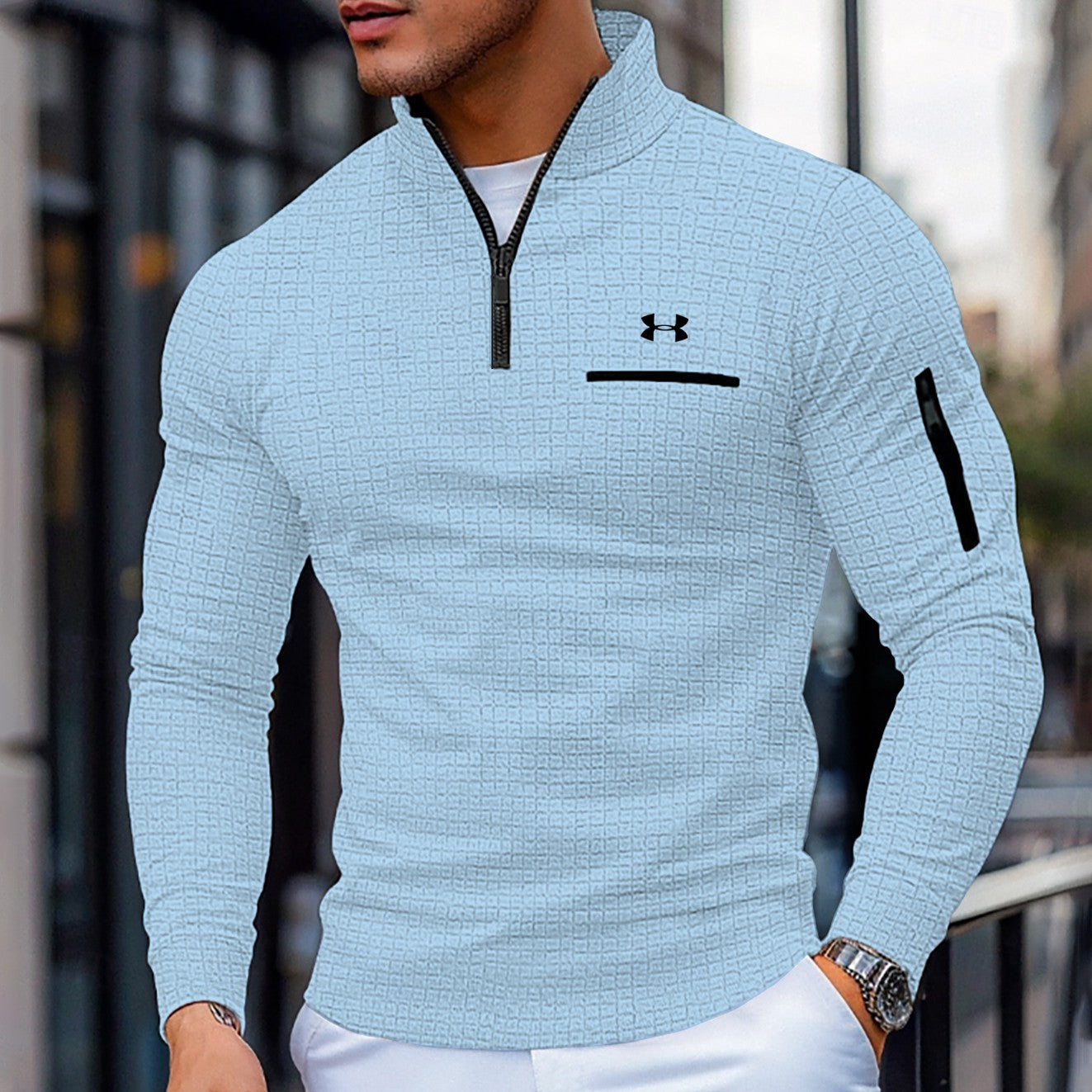 Men's Cotton Waffle Quarter-Zip Long Sleeve Fashion Sports Polo Shirt