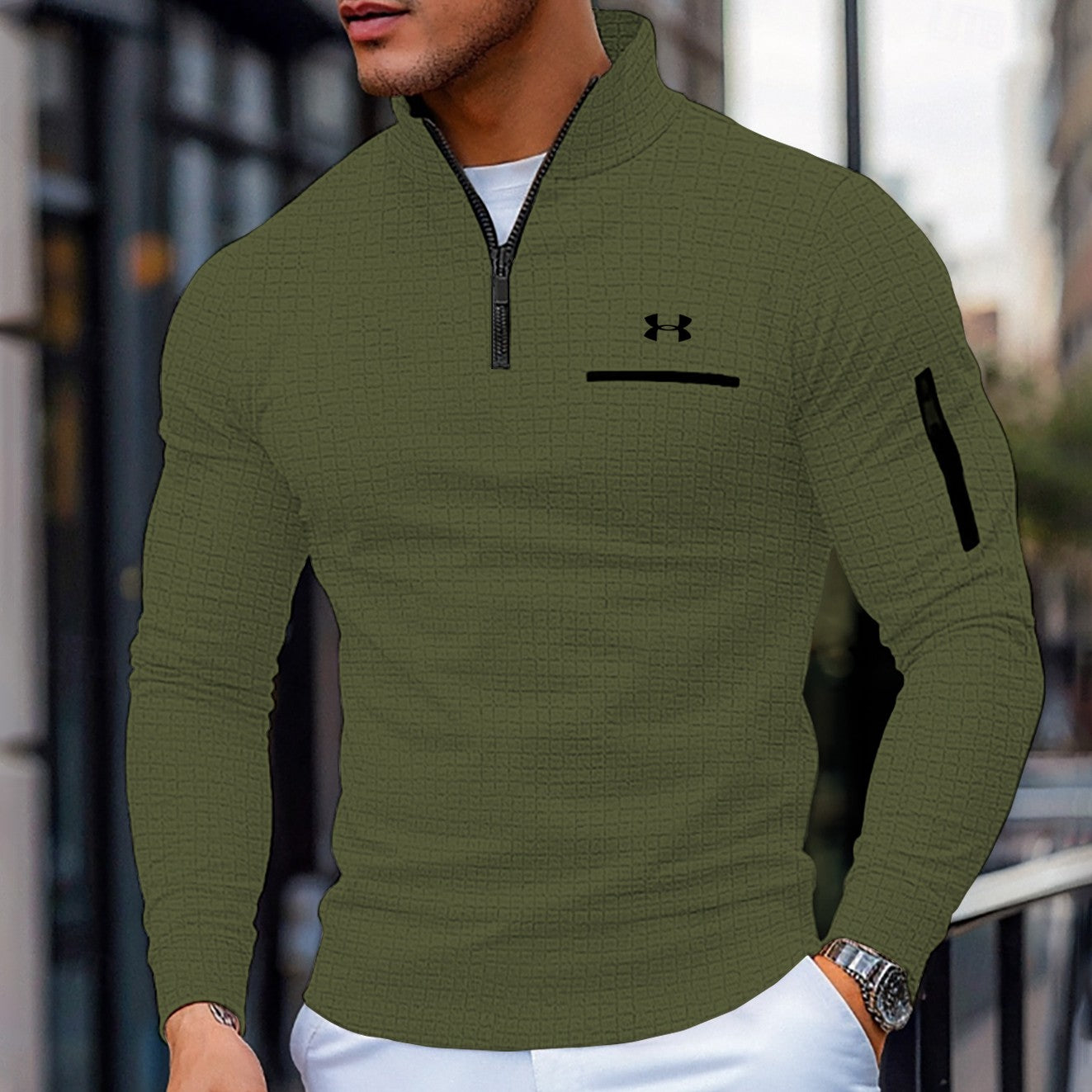 Men's Cotton Waffle Quarter-Zip Long Sleeve Fashion Sports Polo Shirt
