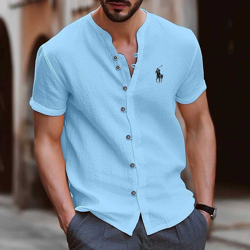 Fashion men's button-down pure cotton casual loose short-sleeved