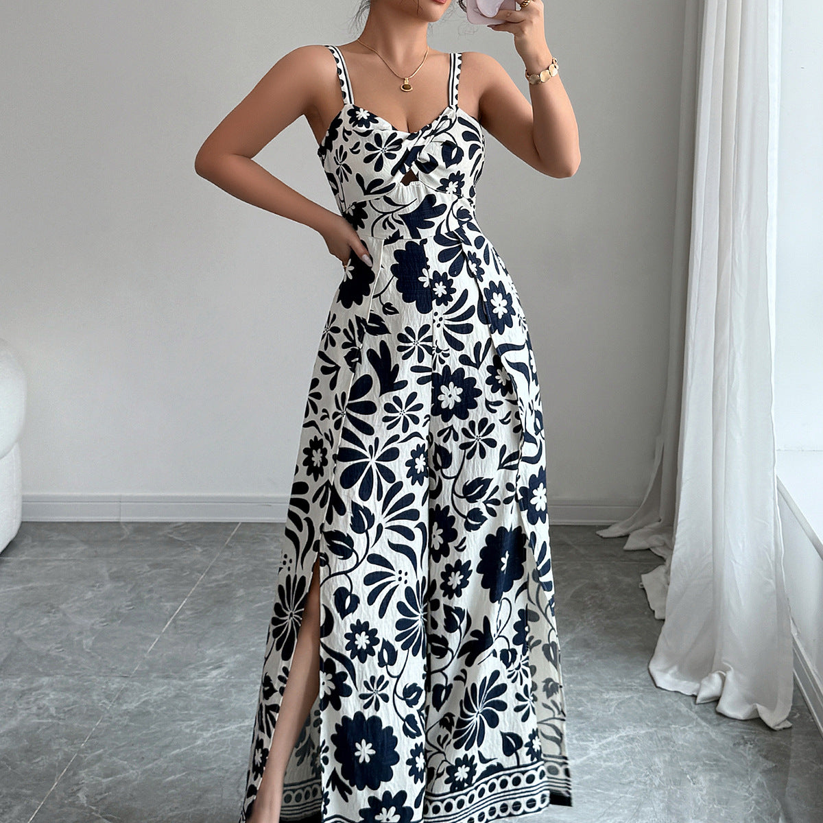 2025 Elegant Knot Patterned Short-Sleeved Wide Leg One-Piece Pants
