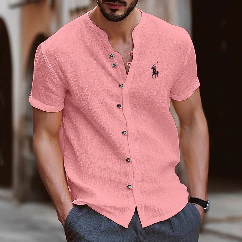 Fashion men's button-down pure cotton casual loose short-sleeved