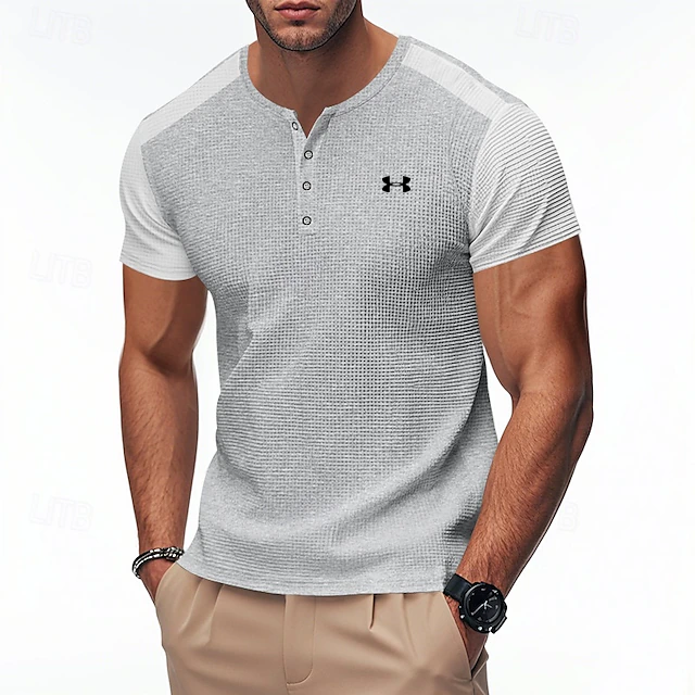 Men's Cotton Waffle Contrast Color Henley Sports Casual T-Shirt