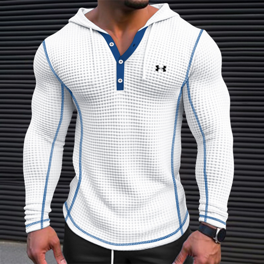 Men's Cotton Waffle Hooded Button Up Training Casual Long Sleeve Top Shirts