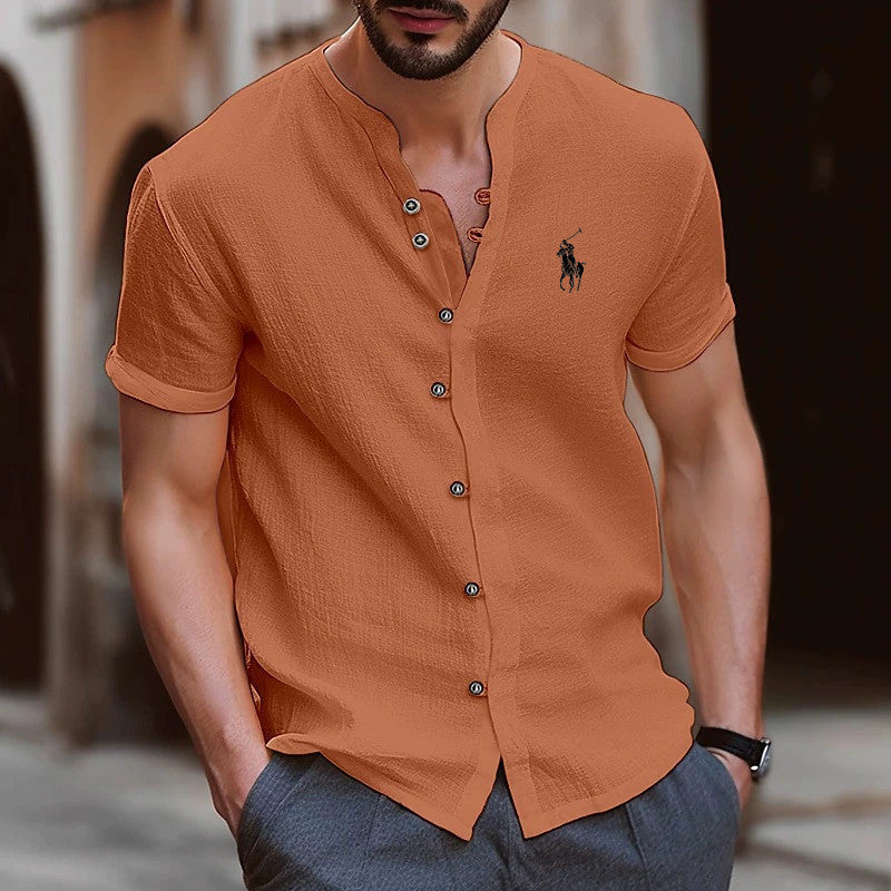Fashion men's button-down pure cotton casual loose short-sleeved