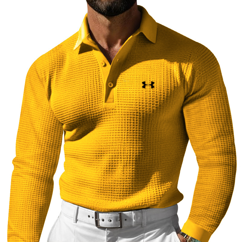Men's Cotton Leisure Waffle Regular Fit Lapel Gentleman's Casual Long Sleeve Polo Shirt