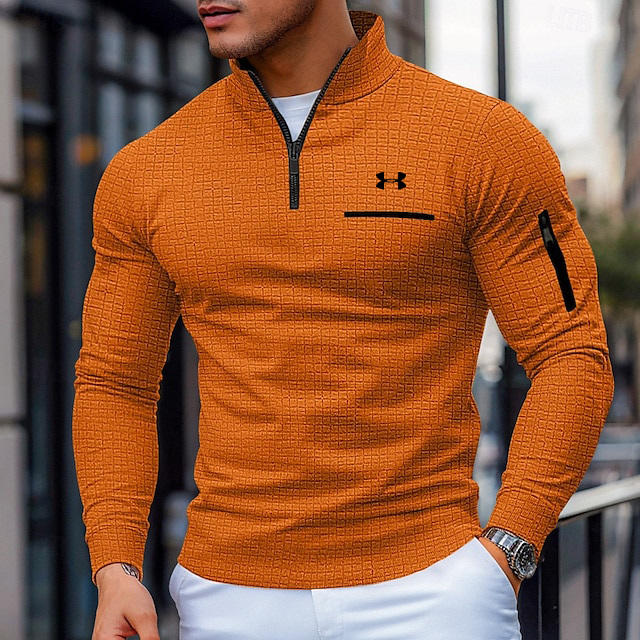 Men's Cotton Waffle Quarter-Zip Long Sleeve Fashion Sports Polo Shirt