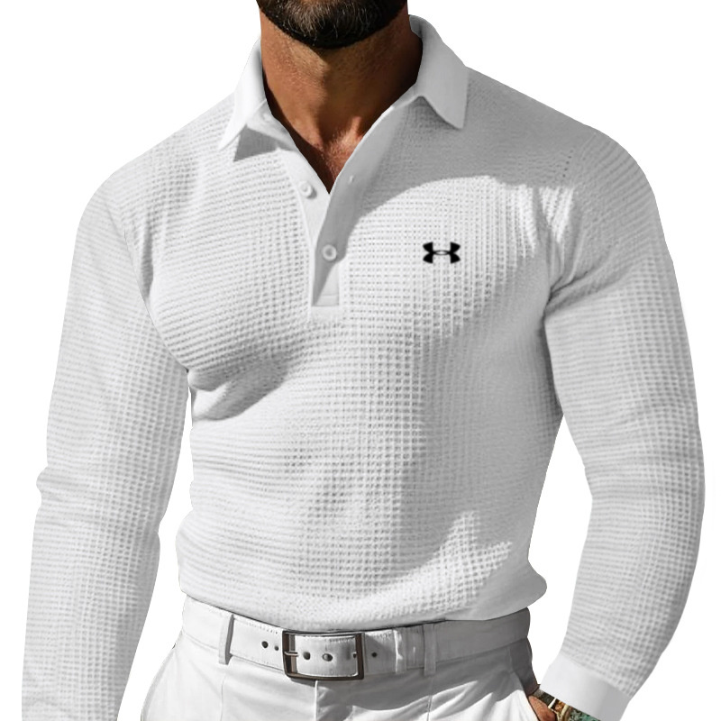 Men's Cotton Leisure Waffle Regular Fit Lapel Gentleman's Casual Long Sleeve Polo Shirt