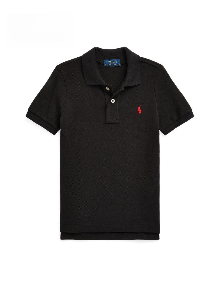 Polo shirt solid color summer pony black red label two button short sleeve