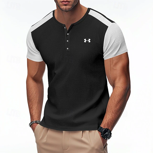 Men's Cotton Waffle Contrast Color Henley Sports Casual T-Shirt
