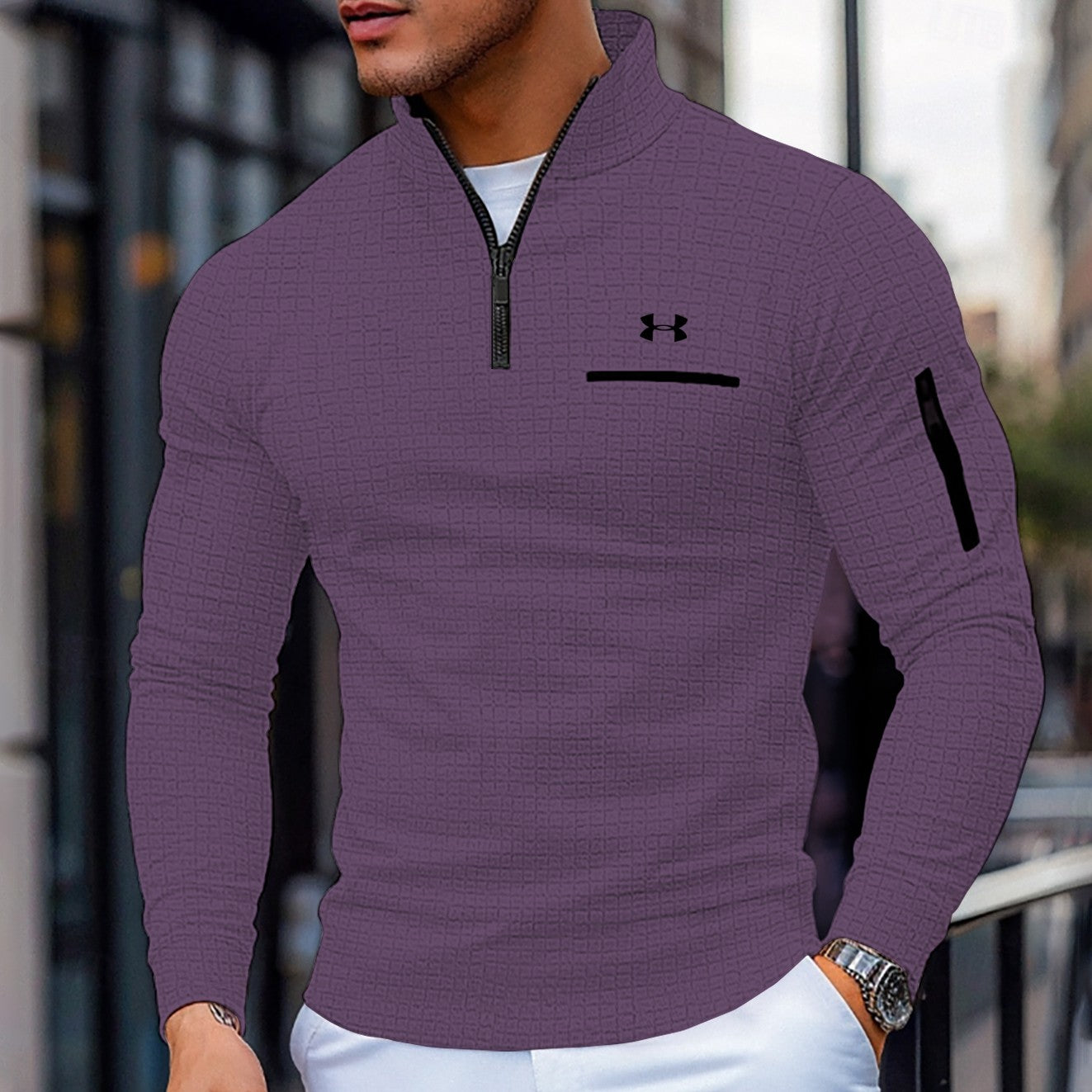 Men's Cotton Waffle Quarter-Zip Long Sleeve Fashion Sports Polo Shirt