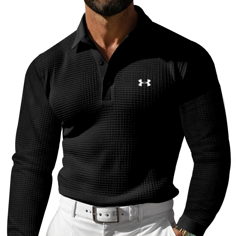 Men's Cotton Leisure Waffle Regular Fit Lapel Gentleman's Casual Long Sleeve Polo Shirt