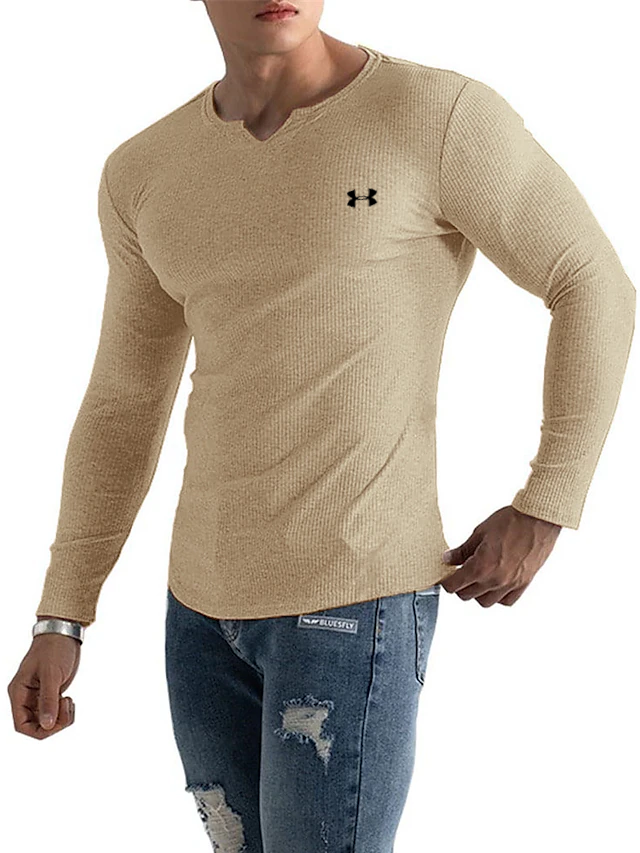 Men's Cotton Knitted Fine-Grain Elastic Casual Bottoming Sports Series Long-Sleeved T-Shirt
