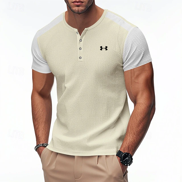Men's Cotton Waffle Contrast Color Henley Sports Casual T-Shirt