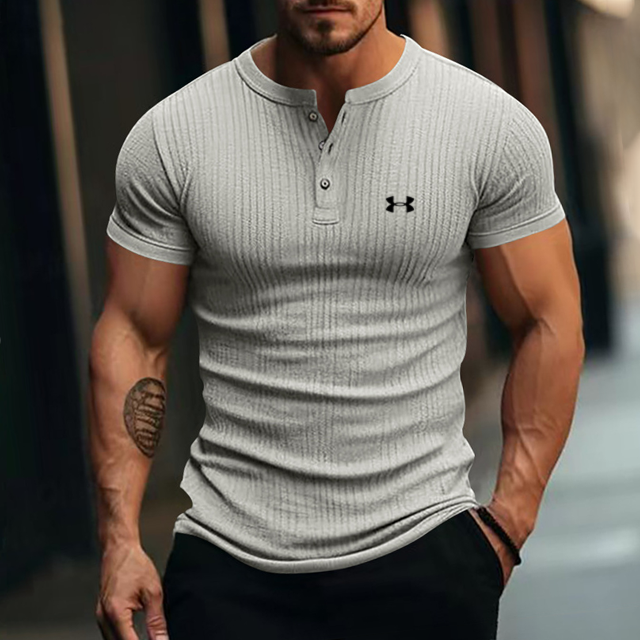 Men's Henley Ribbed Knit Solid Color Casual T-Shirt