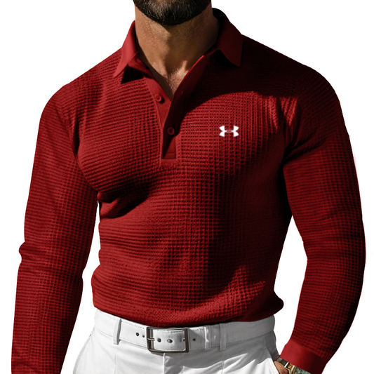 Men's Cotton Leisure Waffle Regular Fit Lapel Gentleman's Casual Long Sleeve Polo Shirt