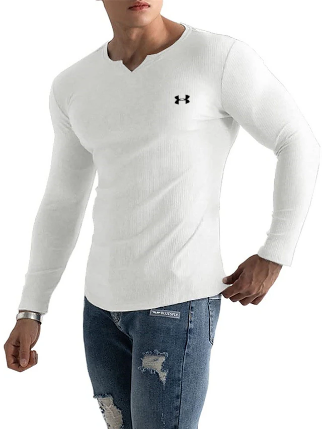 Men's Cotton Knitted Fine-Grain Elastic Casual Bottoming Sports Series Long-Sleeved T-Shirt