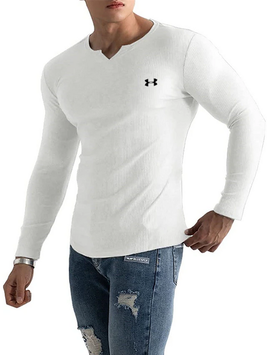 Men's Cotton Knitted Fine-Grain Elastic Casual Bottoming Sports Series Long-Sleeved T-Shirt