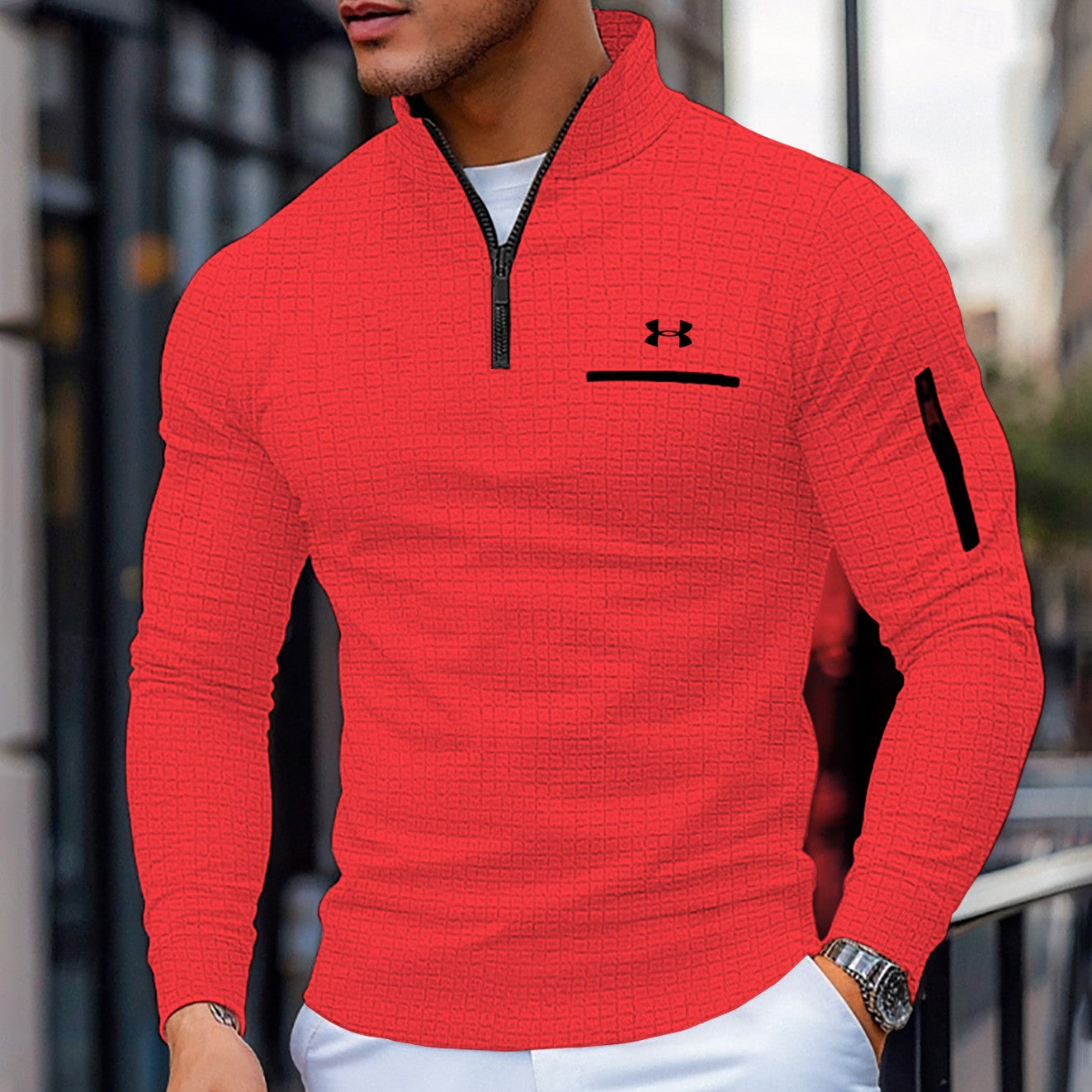 Men's Cotton Waffle Quarter-Zip Long Sleeve Fashion Sports Polo Shirt