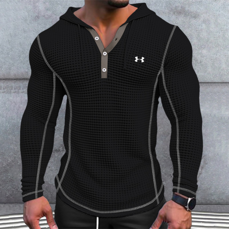 Men's Cotton Waffle Hooded Button Up Training Casual Long Sleeve Top Shirts