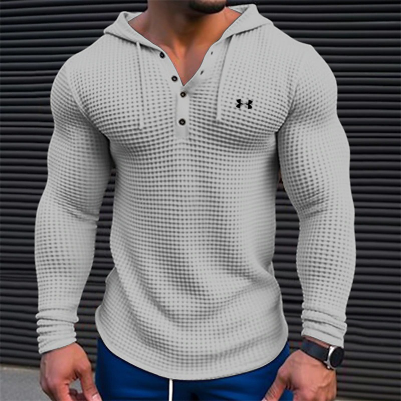 Men's Cotton Waffle Hooded Button Up Training Casual Long Sleeve Top Shirts
