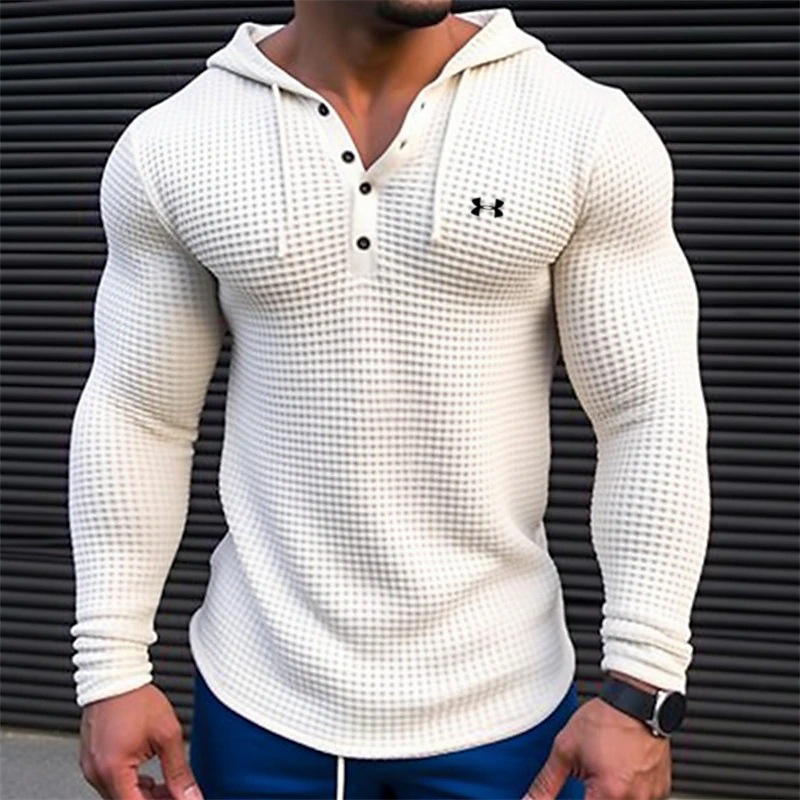 Men's Cotton Waffle Hooded Button Up Training Casual Long Sleeve Top Shirts