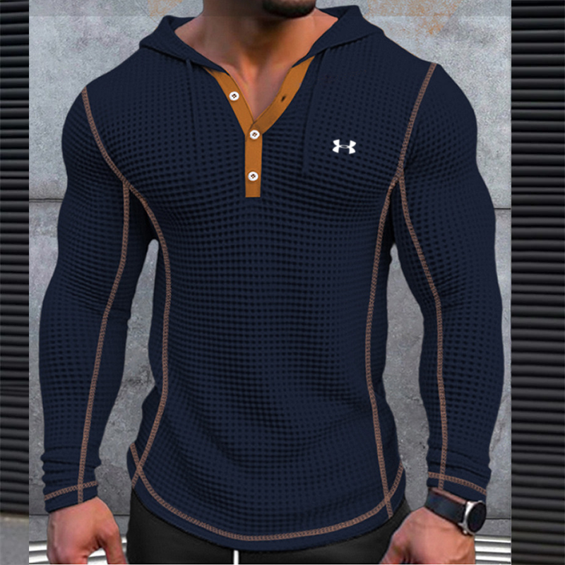 Men's Cotton Waffle Hooded Button Up Training Casual Long Sleeve Top Shirts