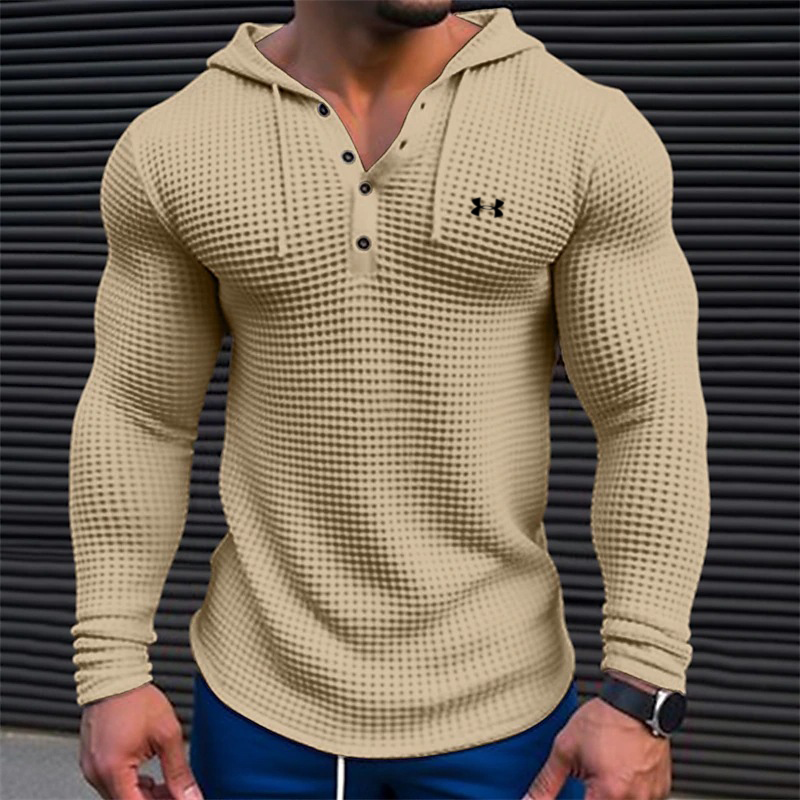 Men's Cotton Waffle Hooded Button Up Training Casual Long Sleeve Top Shirts