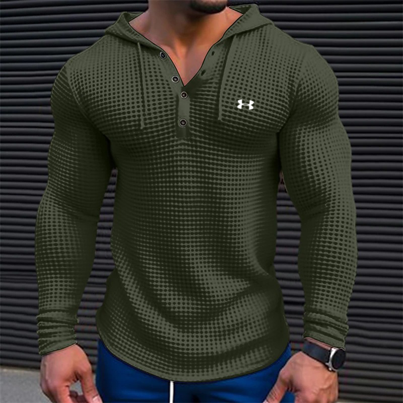Men's Cotton Waffle Hooded Button Up Training Casual Long Sleeve Top Shirts