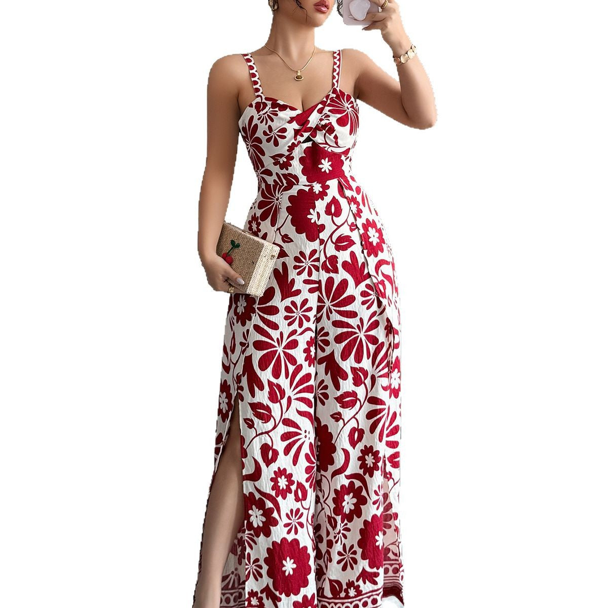 2025 Elegant Knot Patterned Short-Sleeved Wide Leg One-Piece Pants