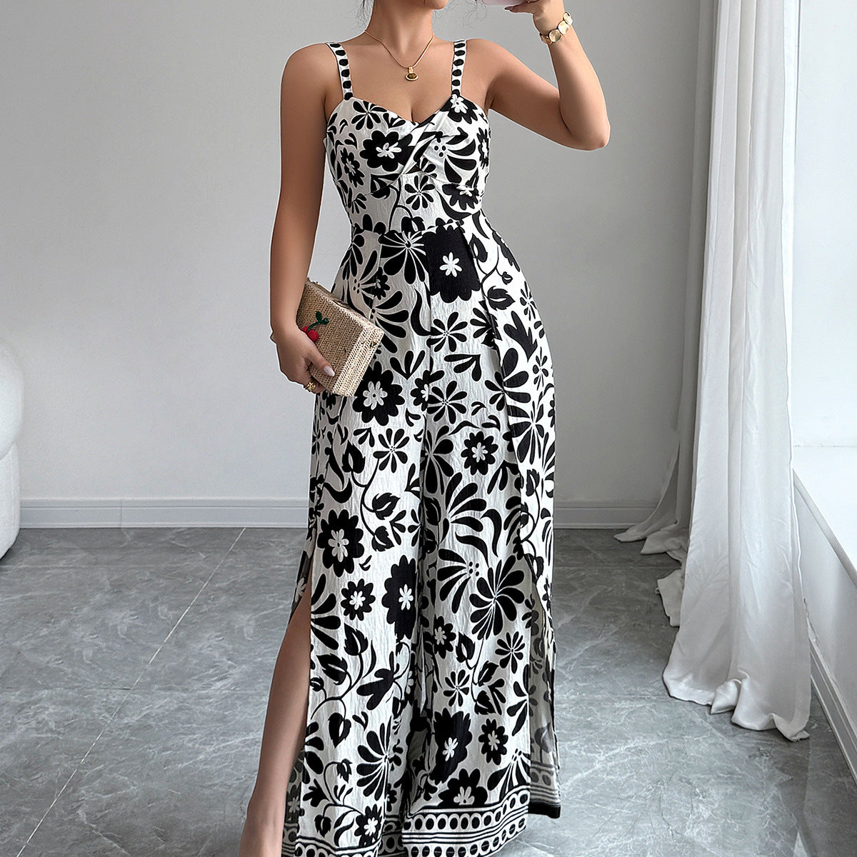2025 Elegant Knot Patterned Short-Sleeved Wide Leg One-Piece Pants